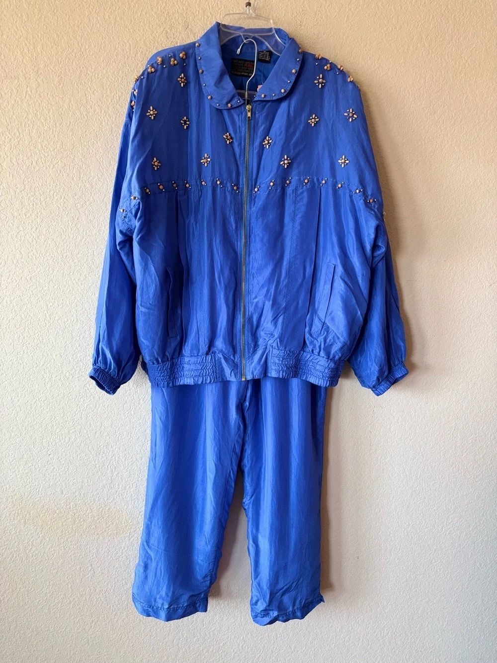 Rare Vintage 80’s Mureli Royal Blue 100% Silk Beaded Track Jacket Set XL NWT